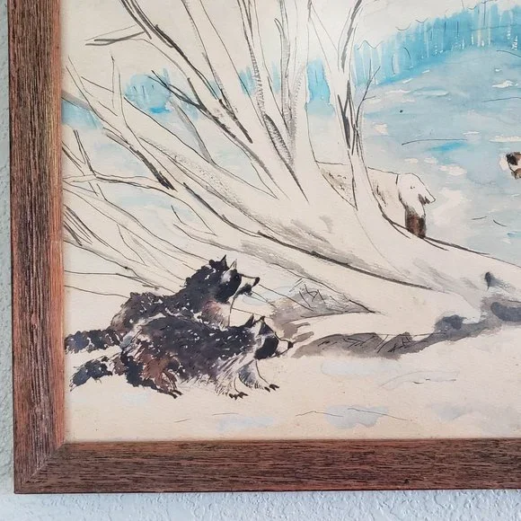 Vintage Deer Racoon Watercolor Painting Framed
